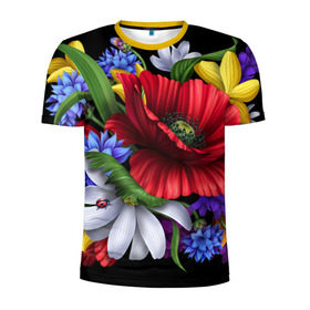 Мужская футболка 3D спортивная с принтом Композиция цветов в Кировске, 100% полиэстер с улучшенными характеристиками | приталенный силуэт, круглая горловина, широкие плечи, сужается к линии бедра | композиция | мак | ромашки | цветы