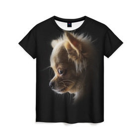 Женская футболка 3D с принтом Чихуахуа в Кировске, 100% полиэфир ( синтетическое хлопкоподобное полотно) | прямой крой, круглый вырез горловины, длина до линии бедер | голова животного | прикольные картинки | собака | чихуахуа | щенок