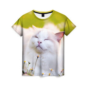 Женская футболка 3D с принтом Белая киса в Кировске, 100% полиэфир ( синтетическое хлопкоподобное полотно) | прямой крой, круглый вырез горловины, длина до линии бедер | cat | киса | котенок | кошка | лето | ромашки | солнце