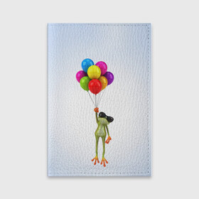 Обложка для паспорта матовая кожа с принтом Лягушка на воздушных шарах в Кировске, натуральная матовая кожа | размер 19,3 х 13,7 см; прозрачные пластиковые крепления | Тематика изображения на принте: 