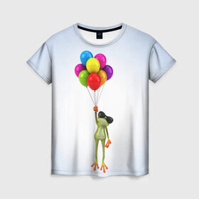 Женская футболка 3D с принтом Лягушка на воздушных шарах в Кировске, 100% полиэфир ( синтетическое хлопкоподобное полотно) | прямой крой, круглый вырез горловины, длина до линии бедер | 