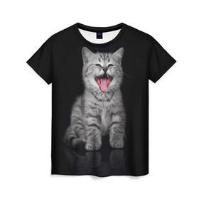Женская футболка 3D с принтом Весёлый котик в Кировске, 100% полиэфир ( синтетическое хлопкоподобное полотно) | прямой крой, круглый вырез горловины, длина до линии бедер | кот | кошка | прикол