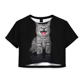 Женская футболка 3D укороченная с принтом Весёлый котик в Кировске, 100% полиэстер | круглая горловина, длина футболки до линии талии, рукава с отворотами | кот | кошка | прикол