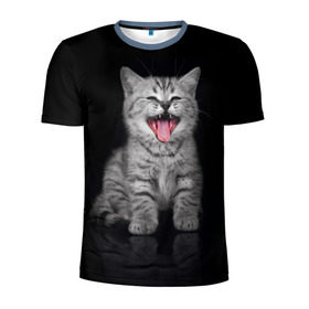 Мужская футболка 3D спортивная с принтом Весёлый котик в Кировске, 100% полиэстер с улучшенными характеристиками | приталенный силуэт, круглая горловина, широкие плечи, сужается к линии бедра | кот | кошка | прикол