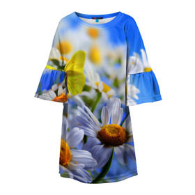 Детское платье 3D с принтом Ромашки и бабочка в Кировске, 100% полиэстер | прямой силуэт, чуть расширенный к низу. Круглая горловина, на рукавах — воланы | Тематика изображения на принте: бабочки | лето | природа | ромашки | цветы