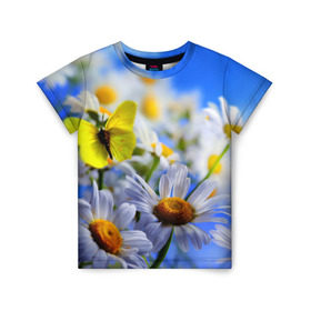 Детская футболка 3D с принтом Ромашки и бабочка в Кировске, 100% гипоаллергенный полиэфир | прямой крой, круглый вырез горловины, длина до линии бедер, чуть спущенное плечо, ткань немного тянется | бабочки | лето | природа | ромашки | цветы