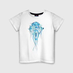 Детская футболка хлопок с принтом Синяя медуза в Кировске, 100% хлопок | круглый вырез горловины, полуприлегающий силуэт, длина до линии бедер | красота | медуза | море | рисунок | синий | стиль | щупальца