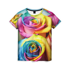 Женская футболка 3D с принтом Цветные розы в Кировске, 100% полиэфир ( синтетическое хлопкоподобное полотно) | прямой крой, круглый вырез горловины, длина до линии бедер | девушкам | розы | цветные | цветы