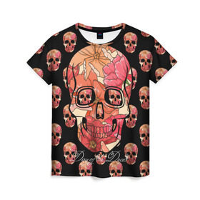 Женская футболка 3D с принтом Мексиканский череп в Кировске, 100% полиэфир ( синтетическое хлопкоподобное полотно) | прямой крой, круглый вырез горловины, длина до линии бедер | день мертвых | мексика | паттерн | традиция | узоры | цветы