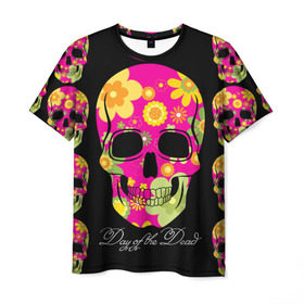 Мужская футболка 3D с принтом Мексиканский череп в Кировске, 100% полиэфир | прямой крой, круглый вырез горловины, длина до линии бедер | Тематика изображения на принте: день мертвыхэ | мексика | разноцветный | традция | узоры | цветы | яркий