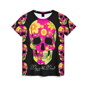 Женская футболка 3D с принтом Мексиканский череп в Кировске, 100% полиэфир ( синтетическое хлопкоподобное полотно) | прямой крой, круглый вырез горловины, длина до линии бедер | день мертвыхэ | мексика | разноцветный | традция | узоры | цветы | яркий