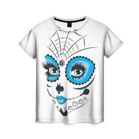 Женская футболка 3D с принтом Мексиканский череп в Кировске, 100% полиэфир ( синтетическое хлопкоподобное полотно) | прямой крой, круглый вырез горловины, длина до линии бедер | белый | девушка | день мертвых | мексика | традция | узоры | цветы