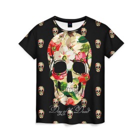 Женская футболка 3D с принтом Мексиканский череп в Кировске, 100% полиэфир ( синтетическое хлопкоподобное полотно) | прямой крой, круглый вырез горловины, длина до линии бедер | день мертвых | мексика | паттерн | темный | традция | узоры | цветочный | цветы