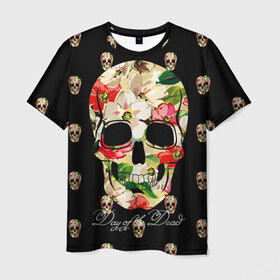 Мужская футболка 3D с принтом Мексиканский череп в Кировске, 100% полиэфир | прямой крой, круглый вырез горловины, длина до линии бедер | Тематика изображения на принте: день мертвых | мексика | паттерн | темный | традция | узоры | цветочный | цветы