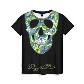 Женская футболка 3D с принтом Мексиканский череп в Кировске, 100% полиэфир ( синтетическое хлопкоподобное полотно) | прямой крой, круглый вырез горловины, длина до линии бедер | день мертвых | мексика | разноцветный | традиция | узоры | цветы | черный | яркий