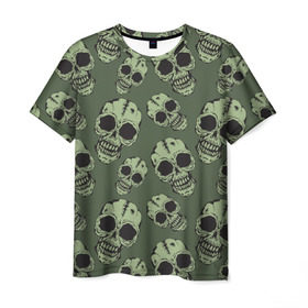 Мужская футболка 3D с принтом Зеленые черепа в Кировске, 100% полиэфир | прямой крой, круглый вырез горловины, длина до линии бедер | болотный | паттерн