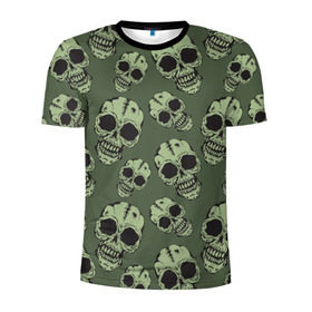 Мужская футболка 3D спортивная с принтом Зеленые черепа в Кировске, 100% полиэстер с улучшенными характеристиками | приталенный силуэт, круглая горловина, широкие плечи, сужается к линии бедра | болотный | паттерн