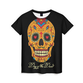 Женская футболка 3D с принтом Мексиканский череп в Кировске, 100% полиэфир ( синтетическое хлопкоподобное полотно) | прямой крой, круглый вырез горловины, длина до линии бедер | Тематика изображения на принте: день мертвых | мексика | традция | узоры | цветы