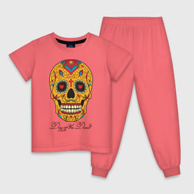 Детская пижама хлопок с принтом Мексиканский череп в Кировске, 100% хлопок |  брюки и футболка прямого кроя, без карманов, на брюках мягкая резинка на поясе и по низу штанин
 | color | day of the dead | dead | death | halloween | holiday | mexican skull | mexico | ornament | pattern | день мертвых | мексика | мексиканский череп | мертвецов | орнамент | праздник | узоры | хэллоуин | цветы