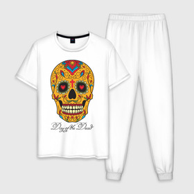 Мужская пижама хлопок с принтом Мексиканский череп в Кировске, 100% хлопок | брюки и футболка прямого кроя, без карманов, на брюках мягкая резинка на поясе и по низу штанин
 | color | day of the dead | dead | death | halloween | holiday | mexican skull | mexico | ornament | pattern | день мертвых | мексика | мексиканский череп | мертвецов | орнамент | праздник | узоры | хэллоуин | цветы