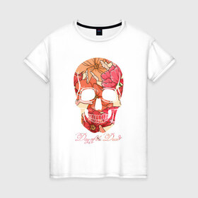 Женская футболка хлопок с принтом Мексиканский череп в Кировске, 100% хлопок | прямой крой, круглый вырез горловины, длина до линии бедер, слегка спущенное плечо | 