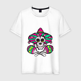 Мужская футболка хлопок с принтом Мексиканский череп в Кировске, 100% хлопок | прямой крой, круглый вырез горловины, длина до линии бедер, слегка спущенное плечо. | Тематика изображения на принте: 
