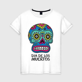 Женская футболка хлопок с принтом Мексиканский череп в Кировске, 100% хлопок | прямой крой, круглый вырез горловины, длина до линии бедер, слегка спущенное плечо | 