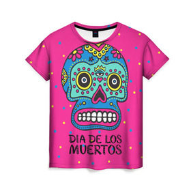 Женская футболка 3D с принтом Мексиканский череп в Кировске, 100% полиэфир ( синтетическое хлопкоподобное полотно) | прямой крой, круглый вырез горловины, длина до линии бедер | Тематика изображения на принте: день мертвыхб сахарный череп | мексика | традиция | узоры | цветы