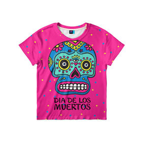 Детская футболка 3D с принтом Мексиканский череп в Кировске, 100% гипоаллергенный полиэфир | прямой крой, круглый вырез горловины, длина до линии бедер, чуть спущенное плечо, ткань немного тянется | Тематика изображения на принте: день мертвыхб сахарный череп | мексика | традиция | узоры | цветы
