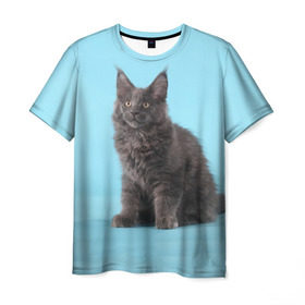 Мужская футболка 3D с принтом Кот мейн кун в Кировске, 100% полиэфир | прямой крой, круглый вырез горловины, длина до линии бедер | котенок | мейнкун