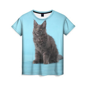 Женская футболка 3D с принтом Кот мейн кун в Кировске, 100% полиэфир ( синтетическое хлопкоподобное полотно) | прямой крой, круглый вырез горловины, длина до линии бедер | котенок | мейнкун