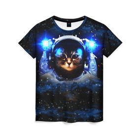 Женская футболка 3D с принтом Кот космонавт в Кировске, 100% полиэфир ( синтетическое хлопкоподобное полотно) | прямой крой, круглый вырез горловины, длина до линии бедер | звёздное небо | космос | кот | кошка | прикольные картинки