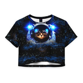 Женская футболка 3D укороченная с принтом Кот космонавт в Кировске, 100% полиэстер | круглая горловина, длина футболки до линии талии, рукава с отворотами | звёздное небо | космос | кот | кошка | прикольные картинки