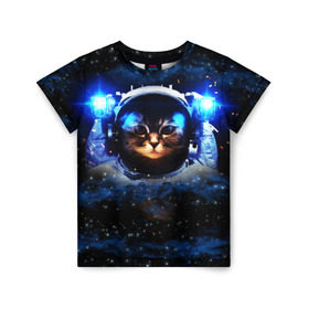Детская футболка 3D с принтом Кот космонавт в Кировске, 100% гипоаллергенный полиэфир | прямой крой, круглый вырез горловины, длина до линии бедер, чуть спущенное плечо, ткань немного тянется | звёздное небо | космос | кот | кошка | прикольные картинки