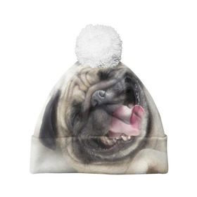 Шапка 3D c помпоном с принтом Смешная собачка в Кировске, 100% полиэстер | универсальный размер, печать по всей поверхности изделия | прикол | смешная | смешно | собака | язык