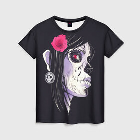 Женская футболка 3D с принтом День мертвецов в Кировске, 100% полиэфир ( синтетическое хлопкоподобное полотно) | прямой крой, круглый вырез горловины, длина до линии бедер | mexi | день мертвых | мексика | мексиканский череп | мертвецов | орнамент | праздник | узоры | цветы