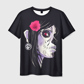 Мужская футболка 3D с принтом День мертвецов в Кировске, 100% полиэфир | прямой крой, круглый вырез горловины, длина до линии бедер | Тематика изображения на принте: mexi | день мертвых | мексика | мексиканский череп | мертвецов | орнамент | праздник | узоры | цветы