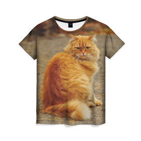 Женская футболка 3D с принтом Рыжий кот в Кировске, 100% полиэфир ( синтетическое хлопкоподобное полотно) | прямой крой, круглый вырез горловины, длина до линии бедер | коты | кошки