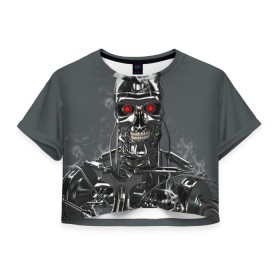 Женская футболка 3D укороченная с принтом Терминатор 2 в Кировске, 100% полиэстер | круглая горловина, длина футболки до линии талии, рукава с отворотами | terminator | арнольд шварценнегер | боевик | робот