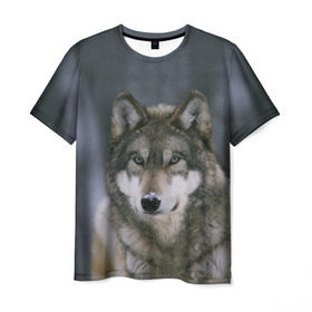 Мужская футболка 3D с принтом Волк в лесу в Кировске, 100% полиэфир | прямой крой, круглый вырез горловины, длина до линии бедер | 