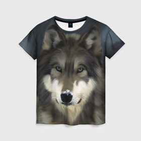 Женская футболка 3D с принтом Картина волк в Кировске, 100% полиэфир ( синтетическое хлопкоподобное полотно) | прямой крой, круглый вырез горловины, длина до линии бедер | волк | животные | собака