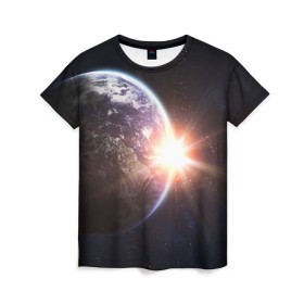 Женская футболка 3D с принтом Космический свет в Кировске, 100% полиэфир ( синтетическое хлопкоподобное полотно) | прямой крой, круглый вырез горловины, длина до линии бедер | вселенная | галактика | земля | солнце