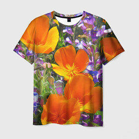 Мужская футболка 3D с принтом Оранжевые цветы в Кировске, 100% полиэфир | прямой крой, круглый вырез горловины, длина до линии бедер | лепестки | прикольные картинки | цветочки | цветы