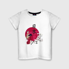 Детская футболка хлопок с принтом Гейша в Кировске, 100% хлопок | круглый вырез горловины, полуприлегающий силуэт, длина до линии бедер | Тематика изображения на принте: иероглиф | сакура | япония