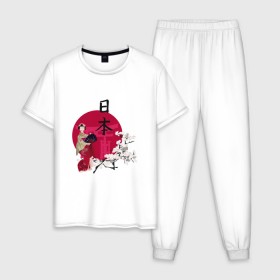Мужская пижама хлопок с принтом Гейша в Кировске, 100% хлопок | брюки и футболка прямого кроя, без карманов, на брюках мягкая резинка на поясе и по низу штанин
 | иероглиф | сакура | япония