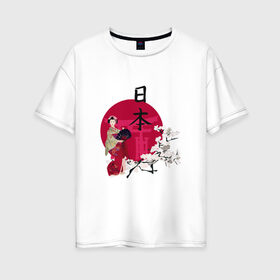 Женская футболка хлопок Oversize с принтом Гейша в Кировске, 100% хлопок | свободный крой, круглый ворот, спущенный рукав, длина до линии бедер
 | иероглиф | сакура | япония