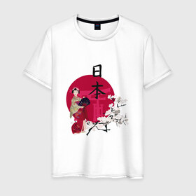 Мужская футболка хлопок с принтом Гейша в Кировске, 100% хлопок | прямой крой, круглый вырез горловины, длина до линии бедер, слегка спущенное плечо. | иероглиф | сакура | япония