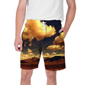 Мужские шорты 3D с принтом Mountains в Кировске,  полиэстер 100% | прямой крой, два кармана без застежек по бокам. Мягкая трикотажная резинка на поясе, внутри которой широкие завязки. Длина чуть выше колен | горы | небо | облака | природа | пустыня