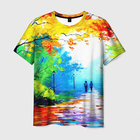 Мужская футболка 3D с принтом Прогулка в Кировске, 100% полиэфир | прямой крой, круглый вырез горловины, длина до линии бедер | желтая листва | живопись | зелень | картина | осень | природа | рисунок | солнце