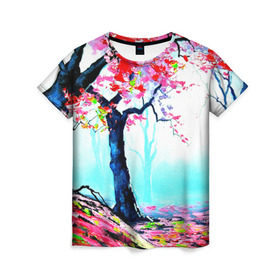 Женская футболка 3D с принтом Сакура в Кировске, 100% полиэфир ( синтетическое хлопкоподобное полотно) | прямой крой, круглый вырез горловины, длина до линии бедер | Тематика изображения на принте: весна | живопись | сакура | япония